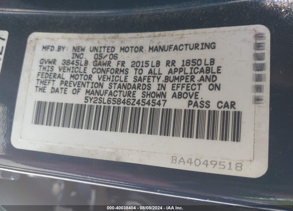 2006 PONTIAC VIBE VIN: 5Y2SL65846Z454547