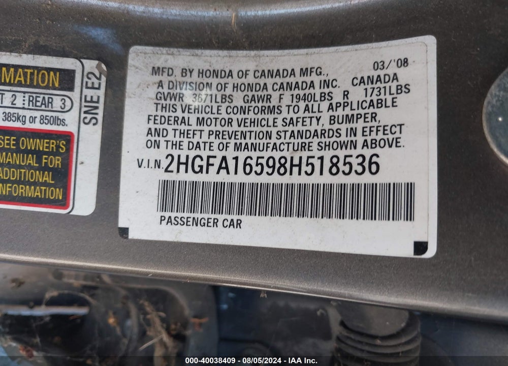 2008 HONDA CIVIC SDN LX VIN: 2HGFA16598H518536