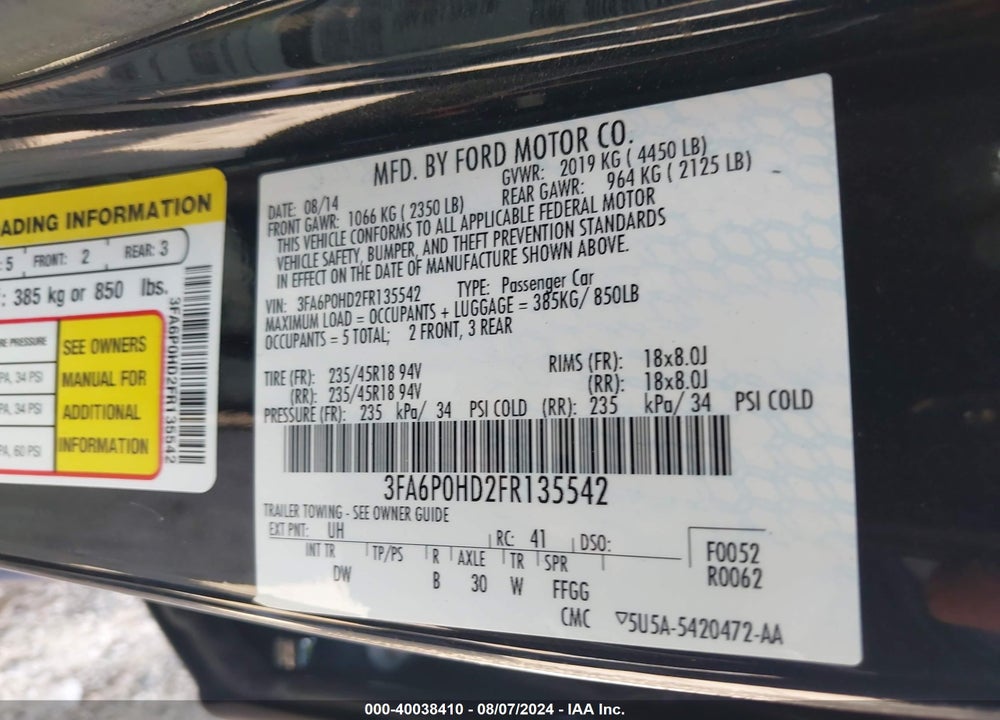 2015 FORD FUSION SE VIN: 3FA6P0HD2FR135542