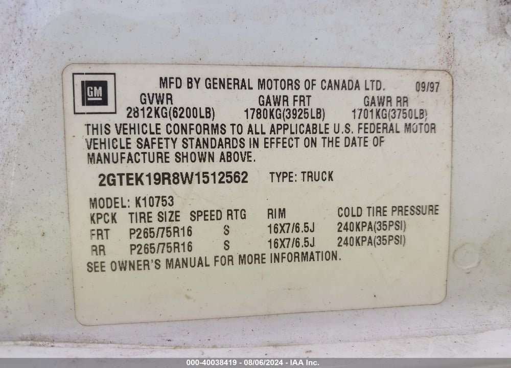 1998 GMC SIERRA 1500 SL WIDESIDE VIN: 2GTEK19R8W1512562