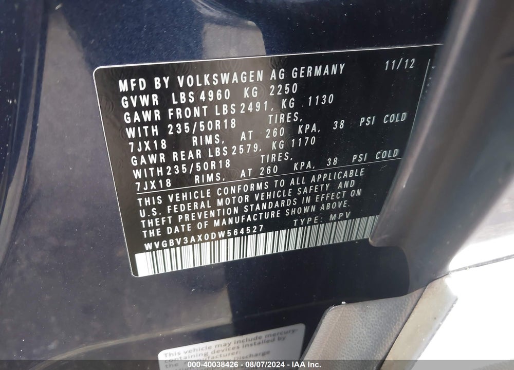 2013 VOLKSWAGEN TIGUAN SE VIN: WVGBV3AX0DW564527