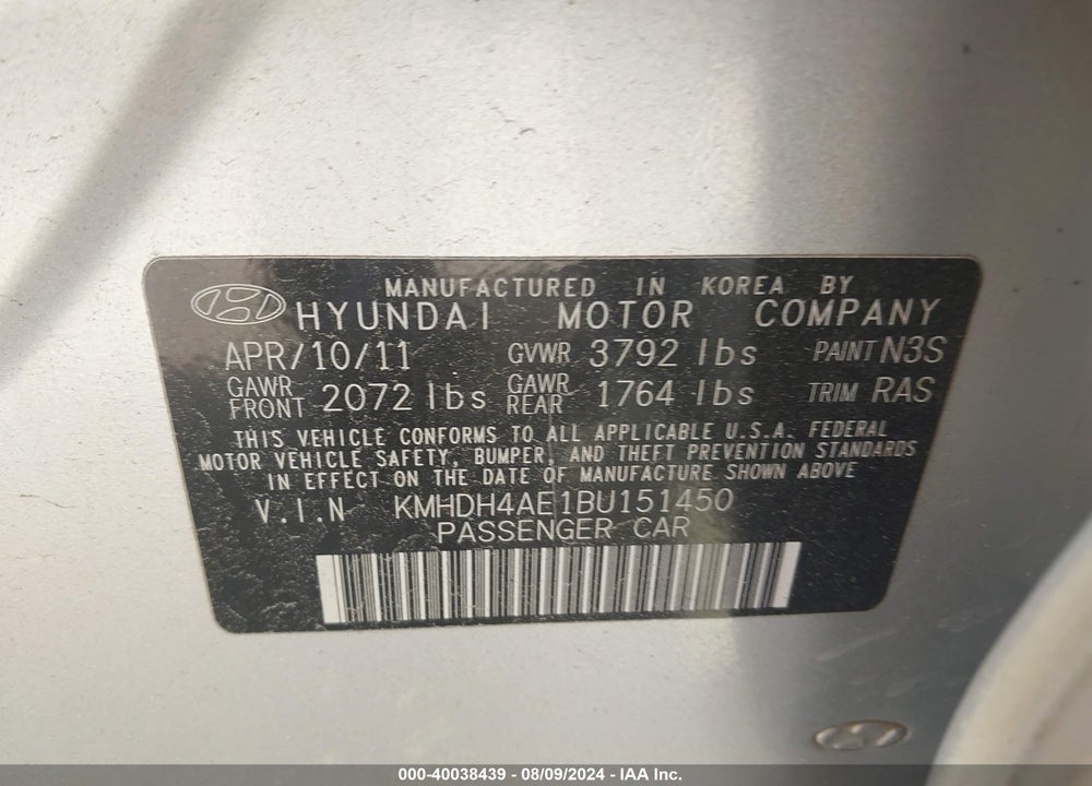 2011 HYUNDAI ELANTRA VIN: KMHDH4AE1BU151450