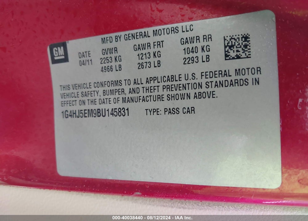 2011 BUICK LUCERNE CXL PREMIUM VIN: 1G4HJ5EM9BU145831
