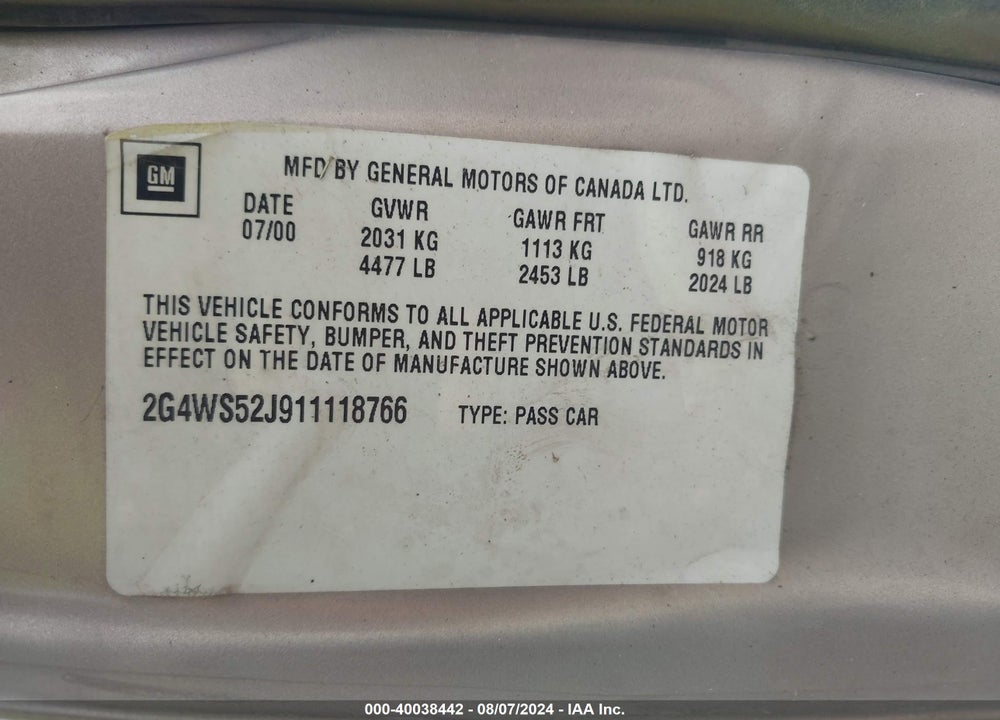 2001 BUICK CENTURY VIN: 2G4WS52J911118766