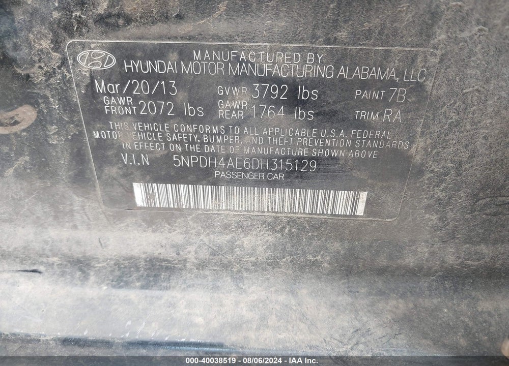 2013 HYUNDAI ELANTRA GLS VIN: 5NPDH4AE6DH315129