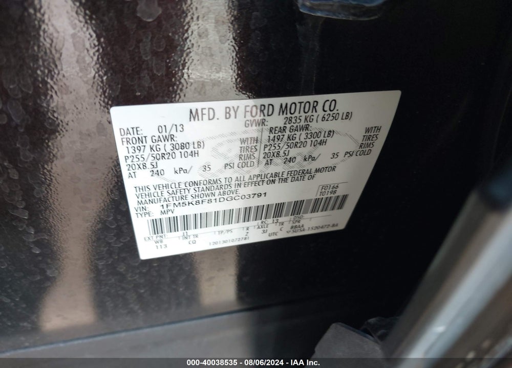 2013 FORD EXPLORER LIMITED VIN: 1FM5K8F81DGC03791