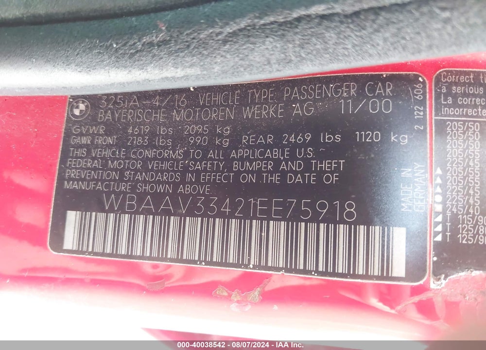 2001 BMW 325I VIN: WBAAV33421EE75918