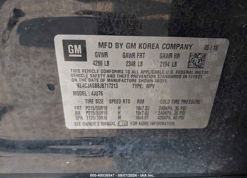 2018 BUICK ENCORE PREFERRED VIN: KL4CJASB8JB717213