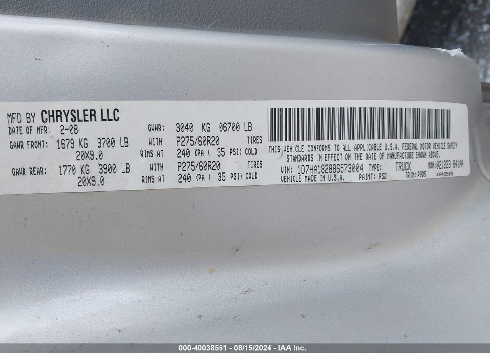 2008 DODGE RAM 1500 SLT VIN: 1D7HA18288S573004