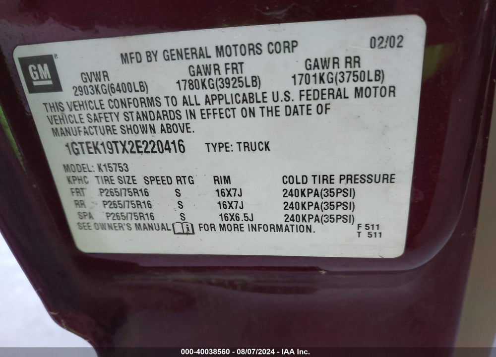 2002 GMC SIERRA 1500 SLE VIN: 1GTEK19TX2E220416