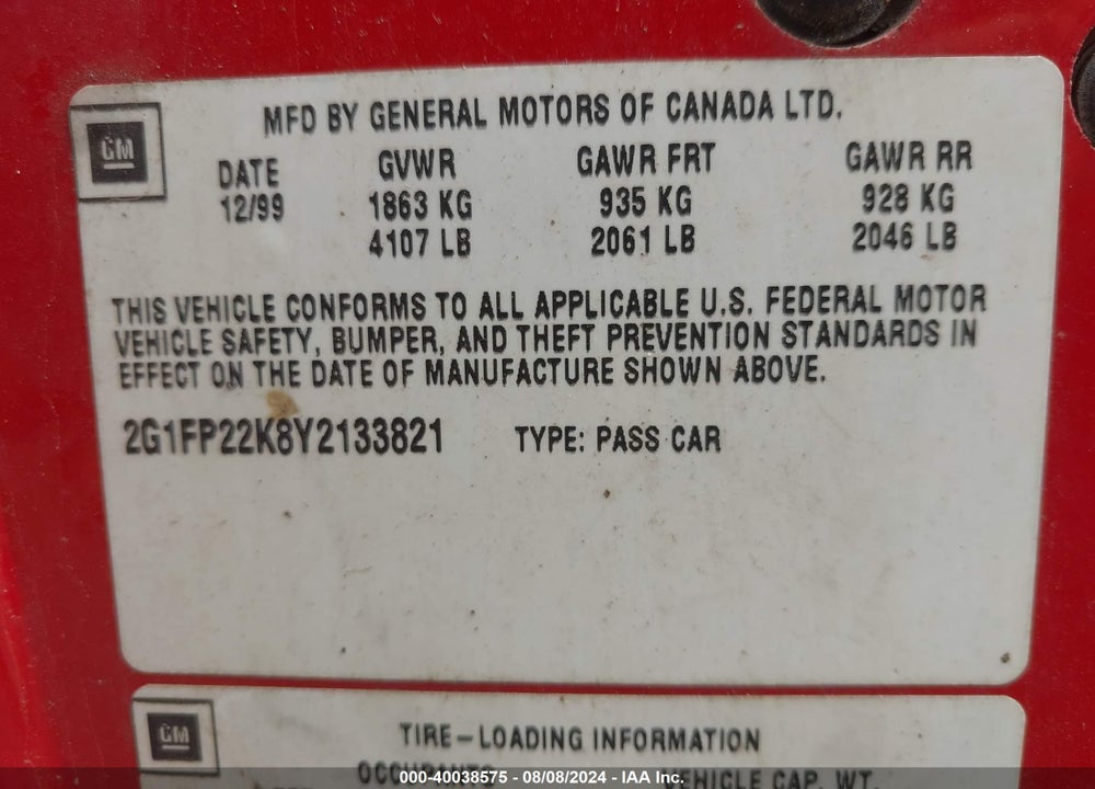 2000 CHEVROLET CAMARO VIN: 2G1FP22K8Y2133821