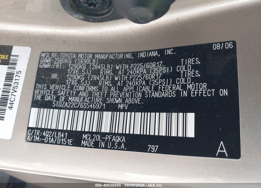 2006 TOYOTA SIENNA XLE LIMITED VIN: 5TDZA22C76S546971