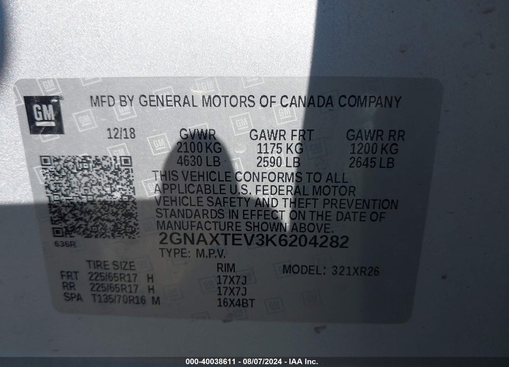 2019 CHEVROLET EQUINOX LT VIN: 2GNAXTEV3K6204282