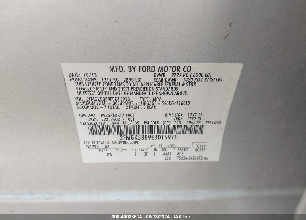 2014 FORD FLEX SE VIN: 2FMGK5B89EBD15910