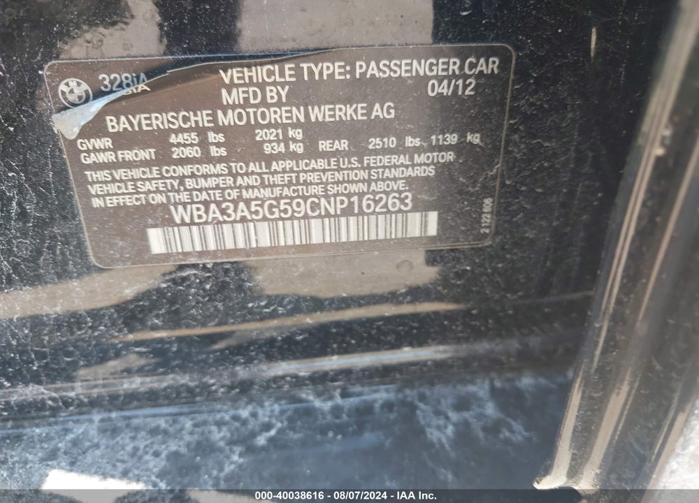 2012 BMW 328I VIN: WBA3A5G59CNP16263