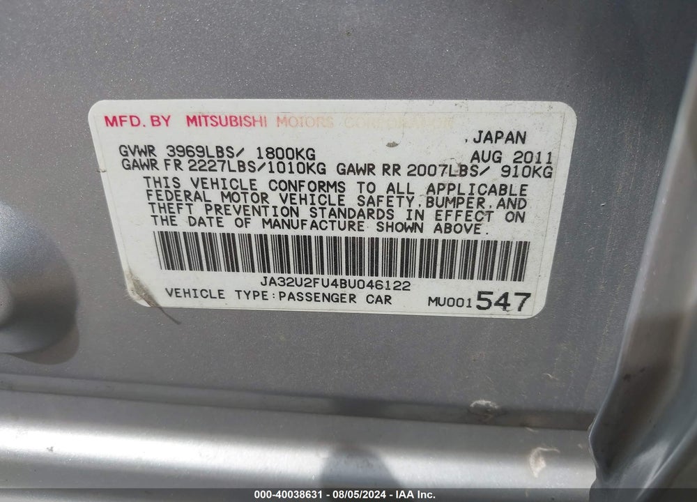 2011 MITSUBISHI LANCER ES VIN: JA32U2FU4BU046122