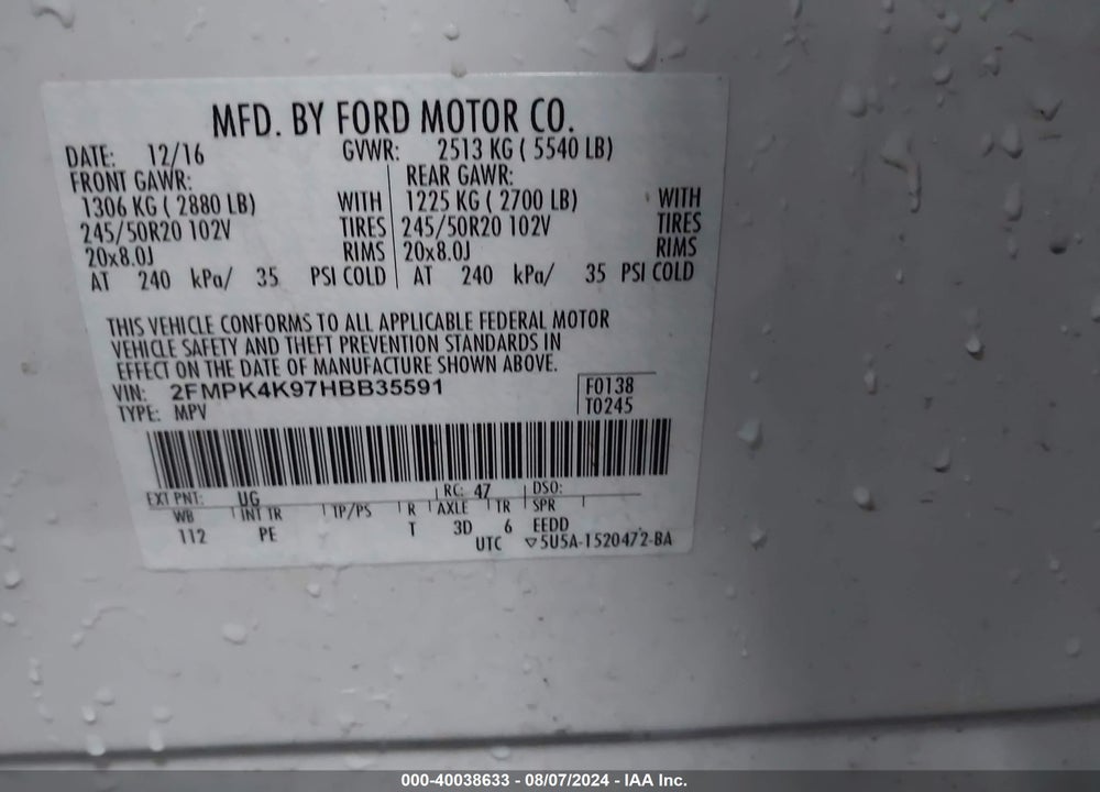 2017 FORD EDGE TITANIUM VIN: 2FMPK4K97HBB35591