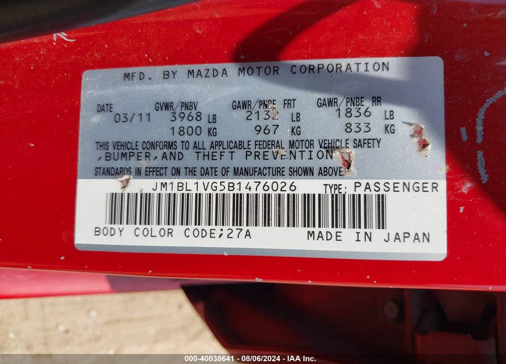 2011 MAZDA 3 I TOURING VIN: JM1BL1VG5B1476026