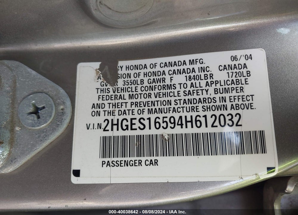 2004 HONDA CIVIC LX VIN: 2HGES16594H612032