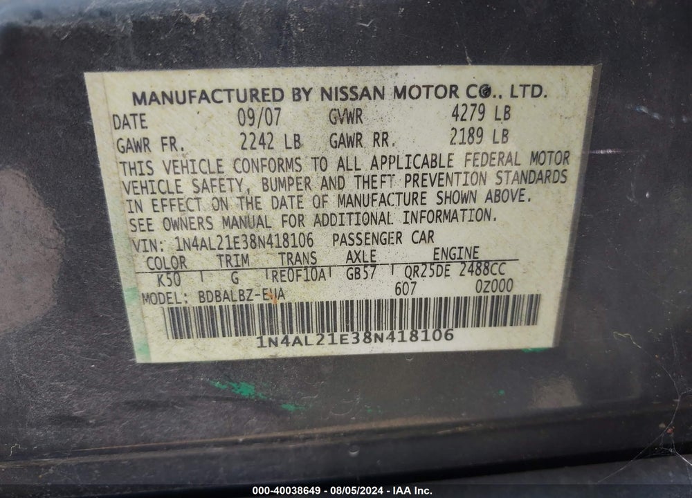 2008 NISSAN ALTIMA 2.5 S VIN: 1N4AL21E38N418106