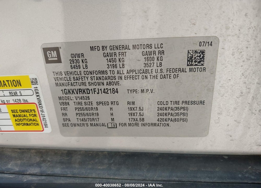2015 GMC ACADIA SLT-1 VIN: 1GKKVRKD1FJ142184
