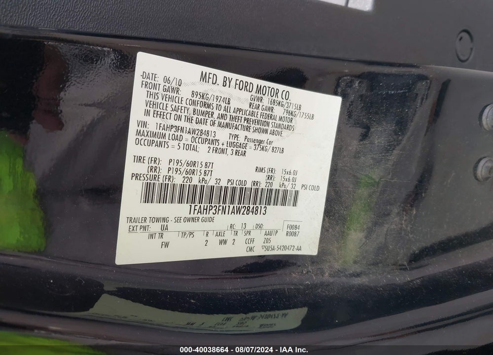 2010 FORD FOCUS SE VIN: 1FAHP3FN1AW284813