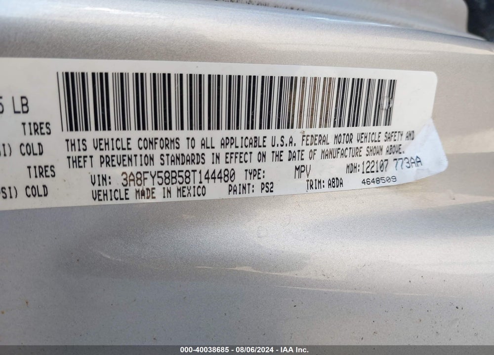 2008 CHRYSLER PT CRUISER TOURING VIN: 3A8FY58B58T144480