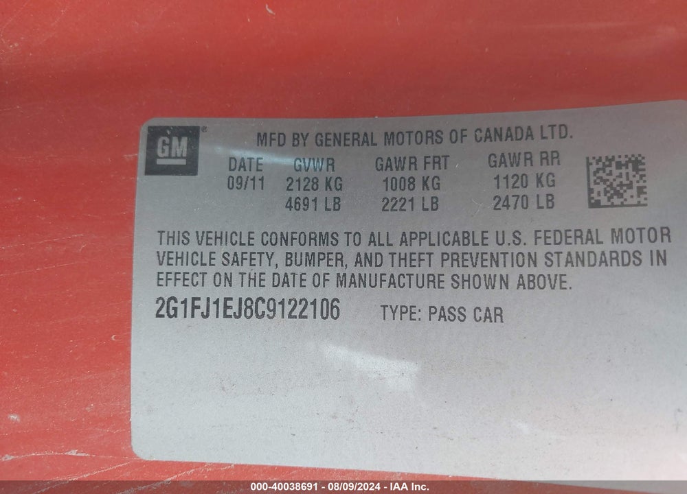 2012 CHEVROLET CAMARO 1SS VIN: 2G1FJ1EJ8C9122106