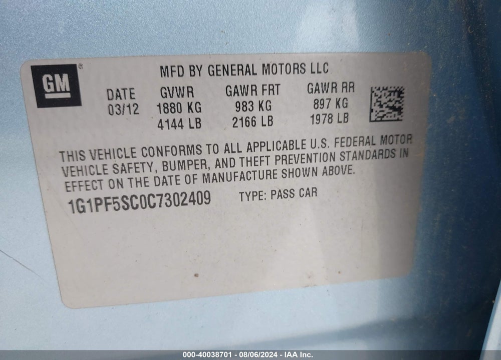 2012 CHEVROLET CRUZE 1LT VIN: 1G1PF5SC0C7302409