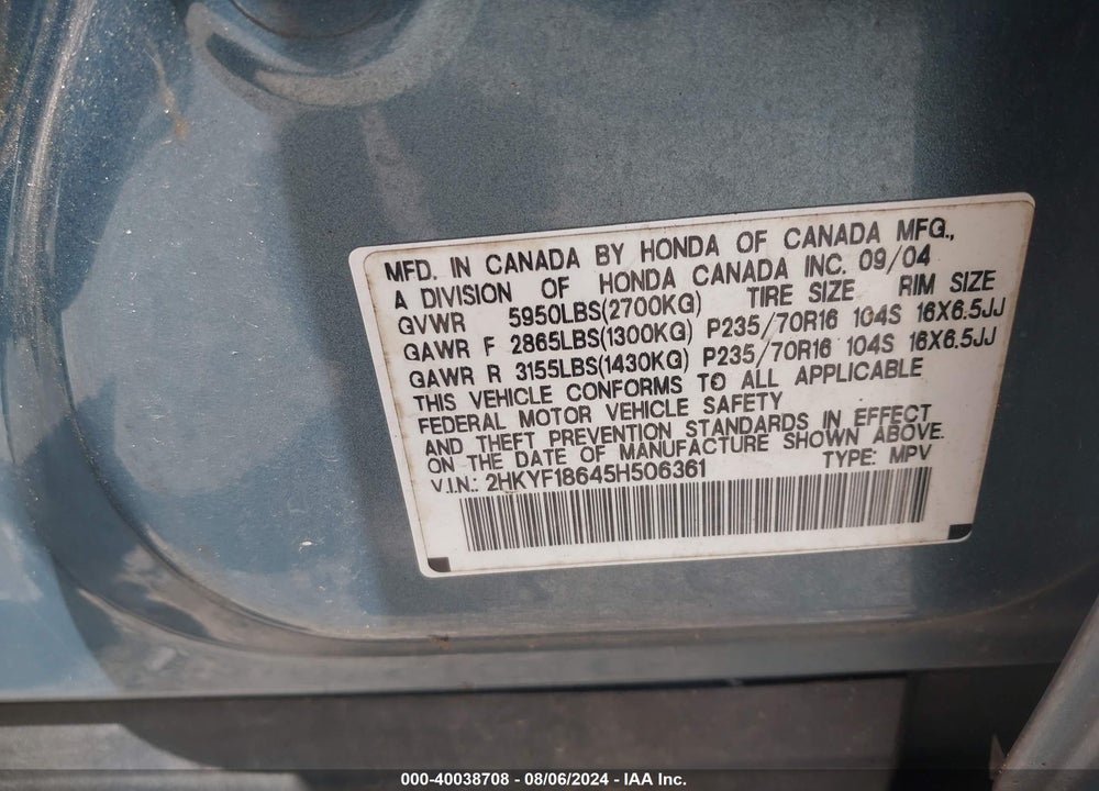 2005 HONDA PILOT EX-L VIN: 2HKYF18645H506361