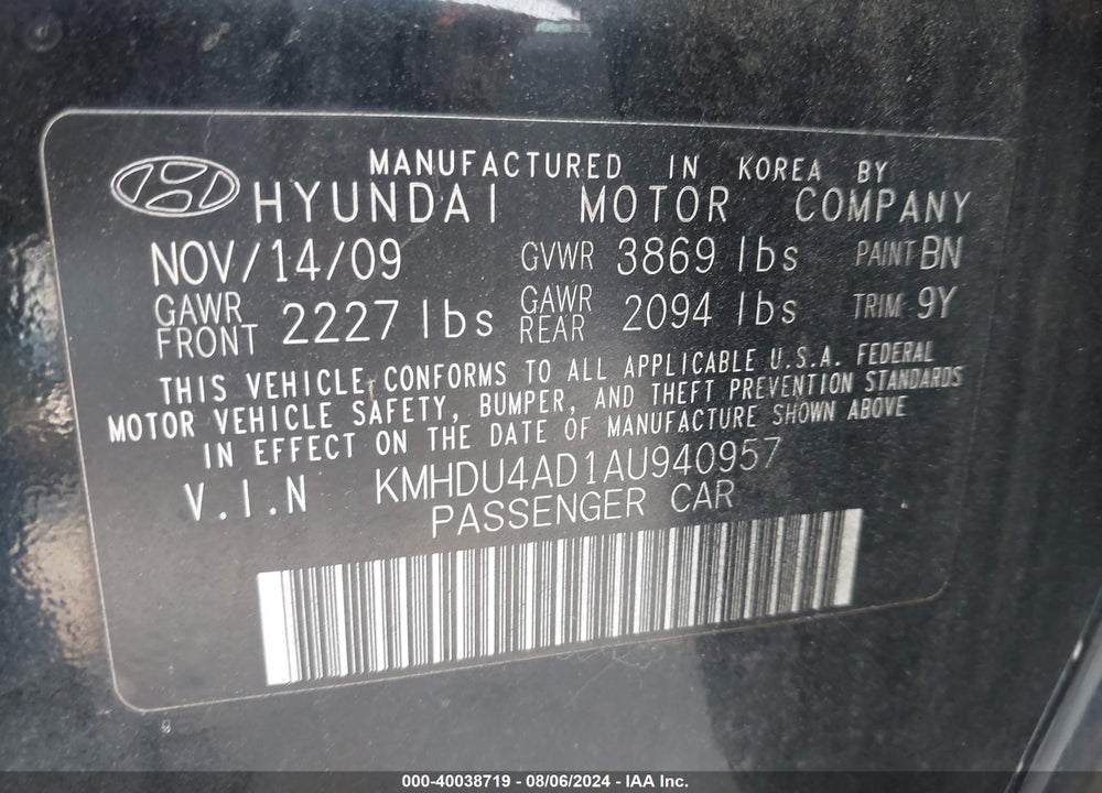 2010 HYUNDAI ELANTRA VIN: KMHDU4AD1AU940957