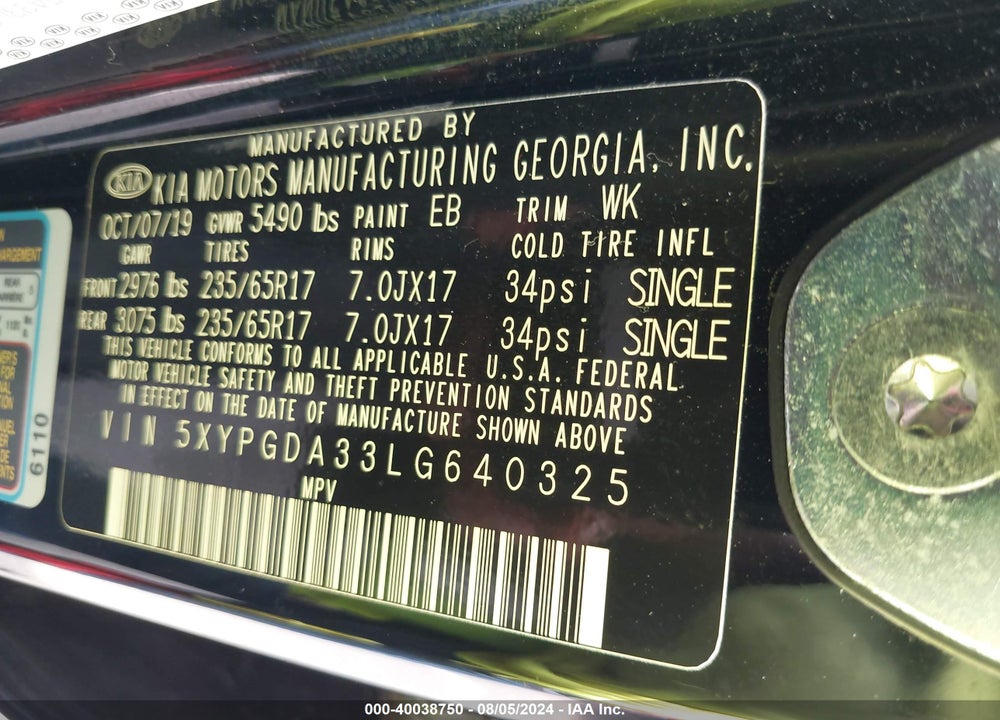 2020 KIA SORENTO 2.4L LX VIN: 5XYPGDA33LG640325