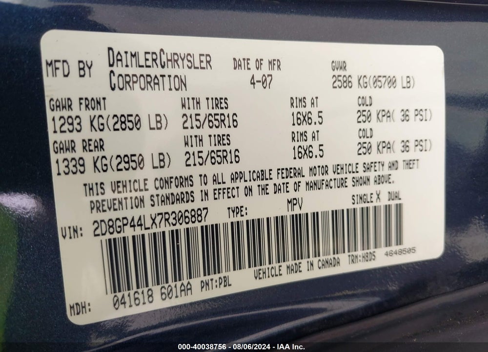 2007 DODGE GRAND CARAVAN SXT VIN: 2D8GP44LX7R306887