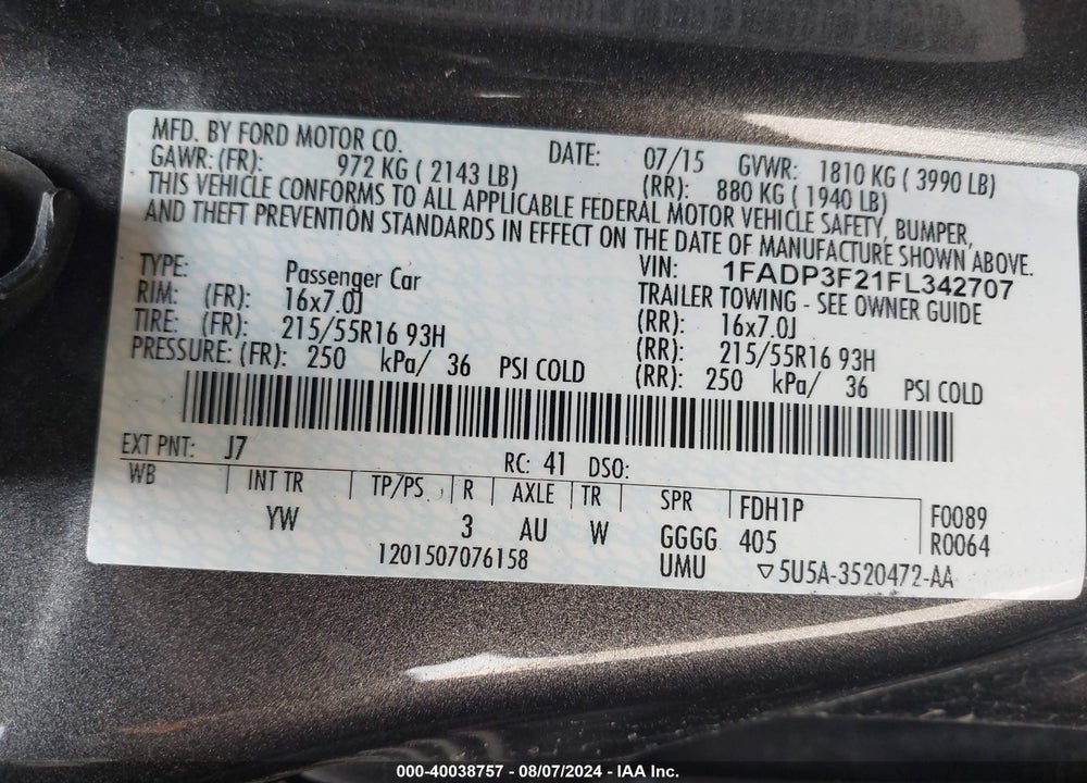 2015 FORD FOCUS SE VIN: 1FADP3F21FL342707