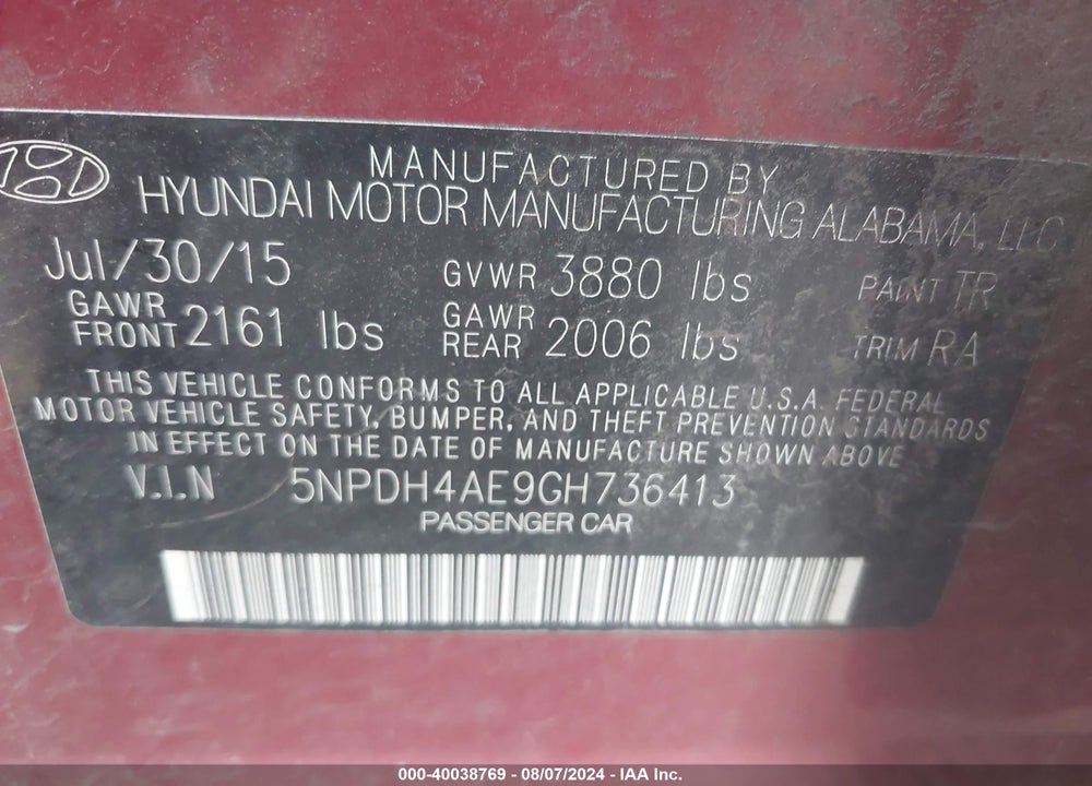 2016 HYUNDAI ELANTRA SE VIN: 5NPDH4AE9GH736413