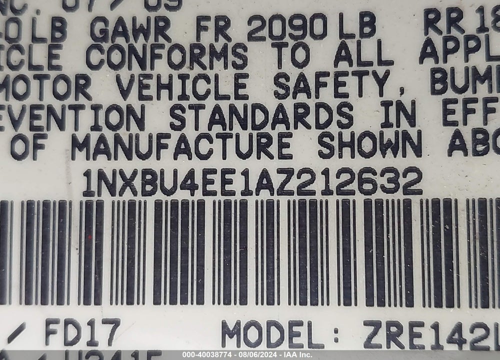 2010 TOYOTA COROLLA S VIN: 1NXBU4EE1AZ212632