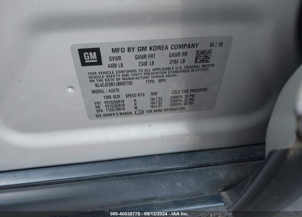 2018 BUICK ENCORE PREFERRED VIN: KL4CJESB1JB692758