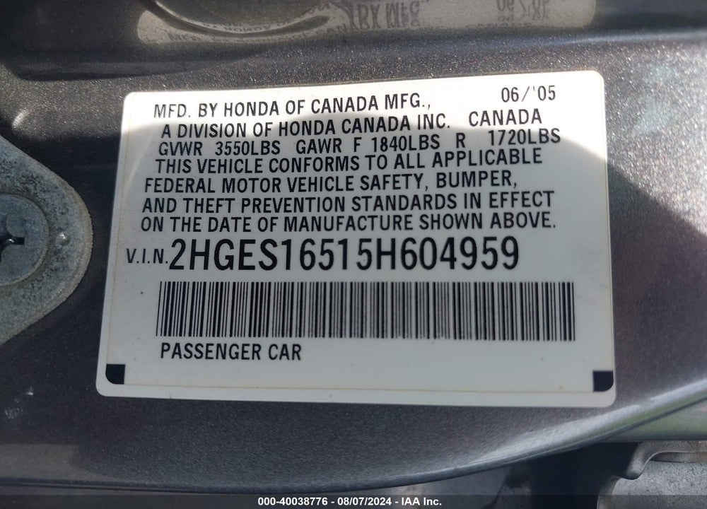 2005 HONDA CIVIC LX VIN: 2HGES16515H604959