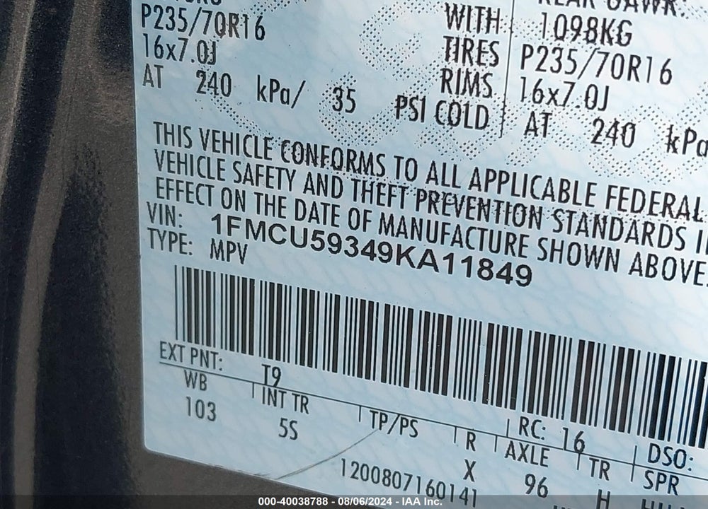 2009 FORD ESCAPE HYBRID LIMITED VIN: 1FMCU59349KA11849
