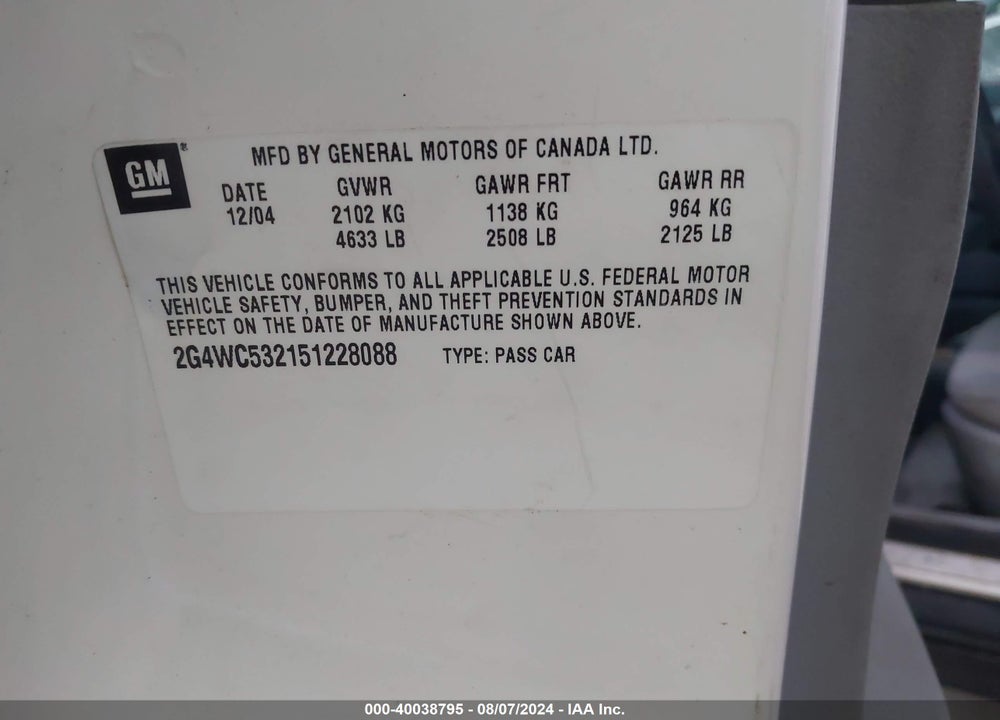 2005 BUICK LACROSSE CX VIN: 2G4WC532151228088