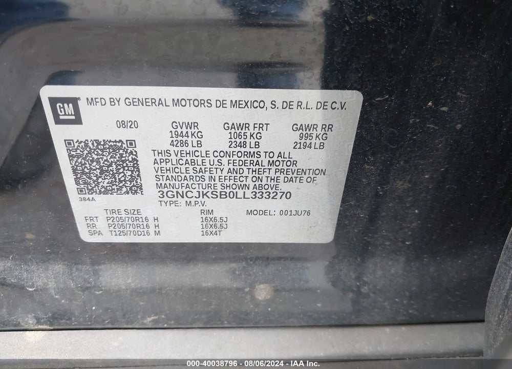 2020 CHEVROLET TRAX FWD LS VIN: 3GNCJKSB0LL333270