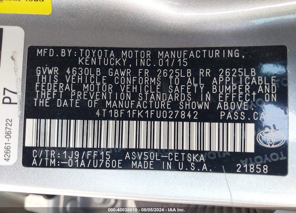 2015 TOYOTA CAMRY SE VIN: 4T1BF1FK1FU027842