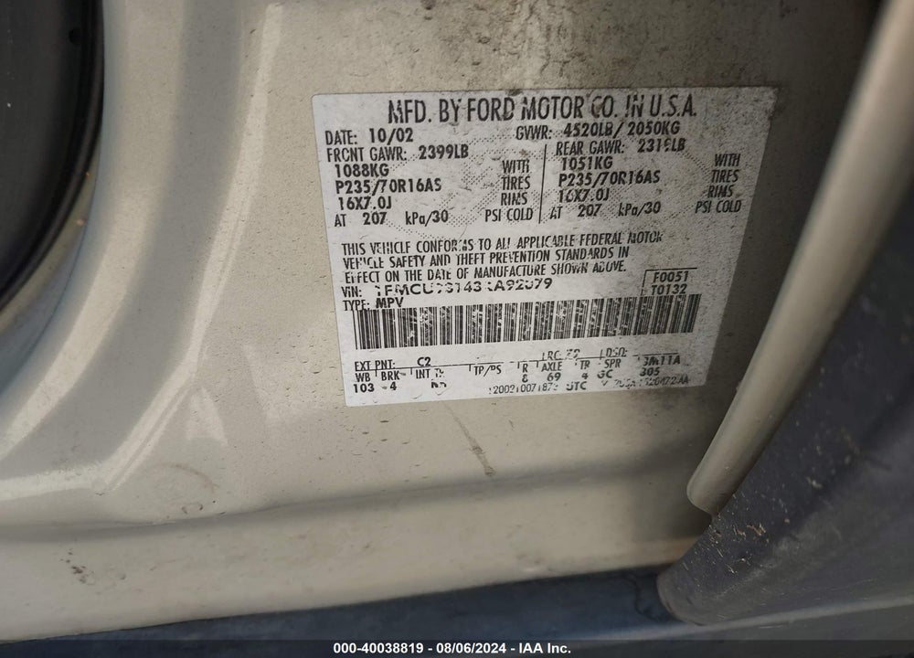 2003 FORD ESCAPE XLT VIN: 1FMCU93143KA92079