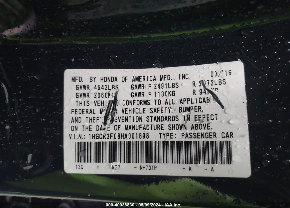 2017 HONDA ACCORD EX-L V6 VIN: 1HGCR3F08HA001898