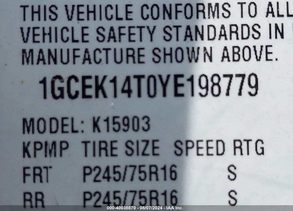 2000 CHEVROLET SILVERADO 1500 LS VIN: 1GCEK14T0YE198779