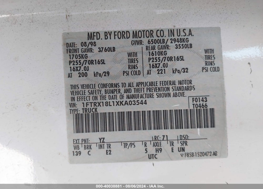 1999 FORD F-150 LARIAT/XL/XLT VIN: 1FTRX18L1XKA03544