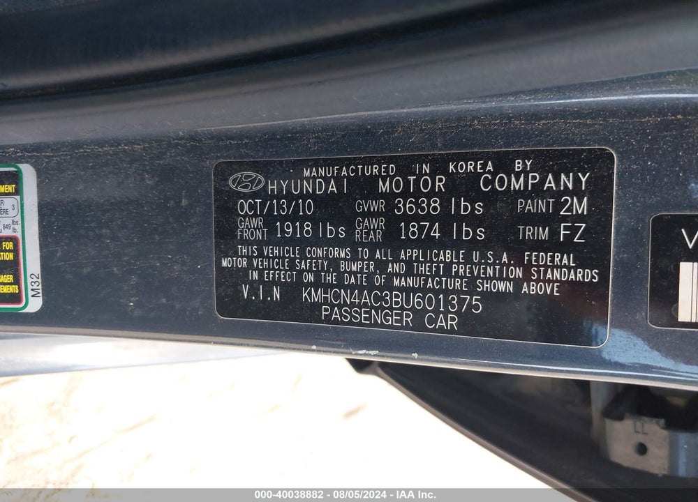 2011 HYUNDAI ACCENT GLS VIN: KMHCN4AC3BU601375