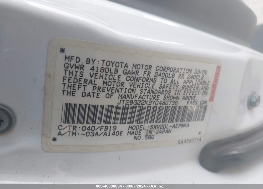 2000 TOYOTA CAMRY LE VIN: JT2BG22K9Y0480736