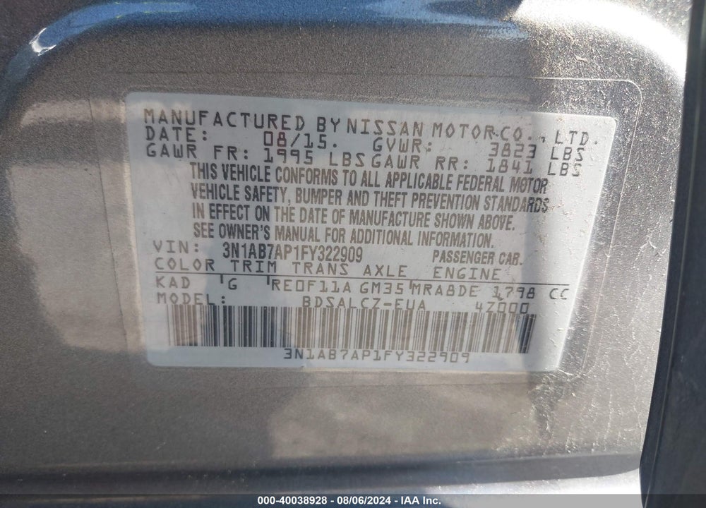 2015 NISSAN SENTRA S VIN: 3N1AB7AP1FY322909