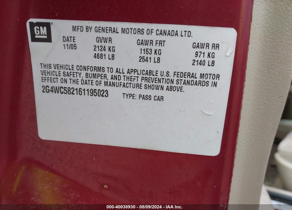 2006 BUICK LACROSSE CX VIN: 2G4WC582161195023